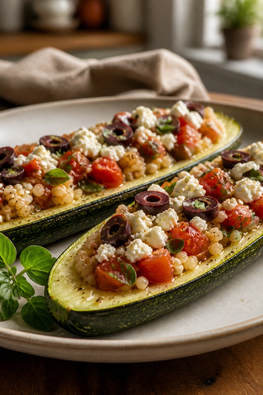 Zucchini boats stuffed with couscous and feta on a plate