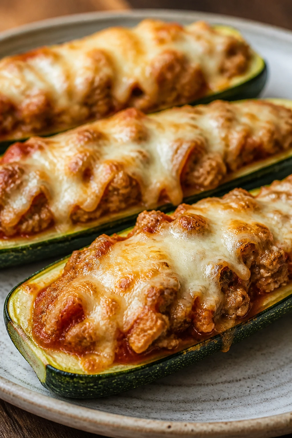 Close-up of zucchini boats filled with chicken parmesan