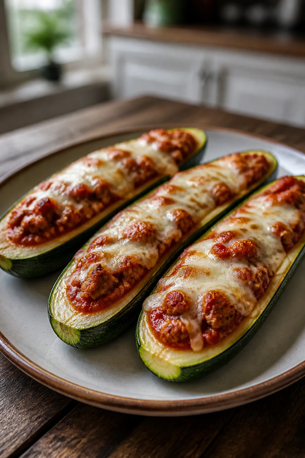 Four zucchini boats filled with marinara and cheese on a plate