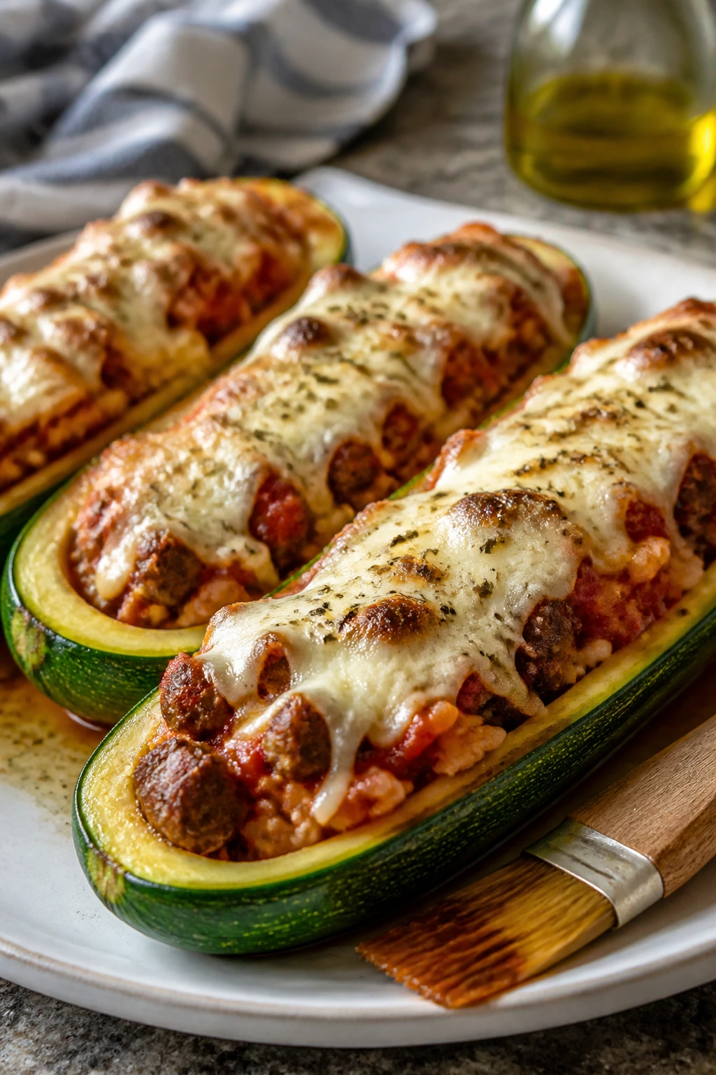 Beef sausage stuffed zucchini boats on plate with melted cheese
