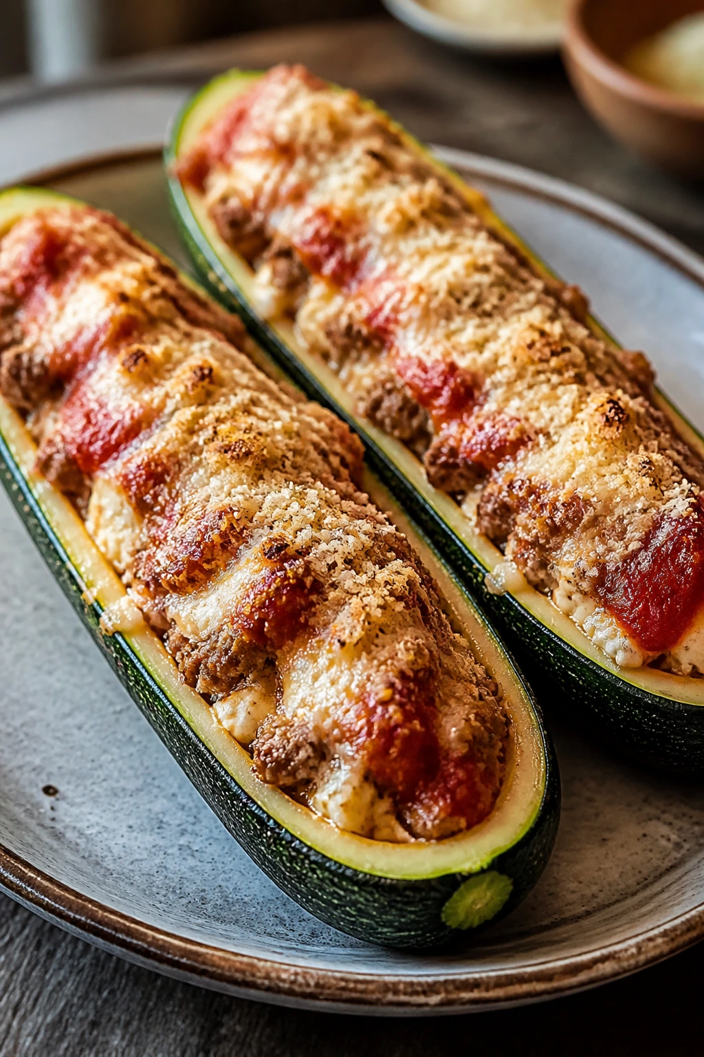 Zucchini boats stuffed with sausage and ricotta on plate