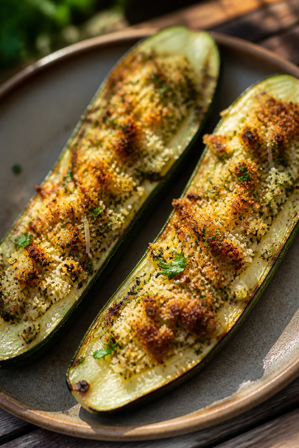 Close-up of stuffed zucchini boats on a rustic plate outdoors