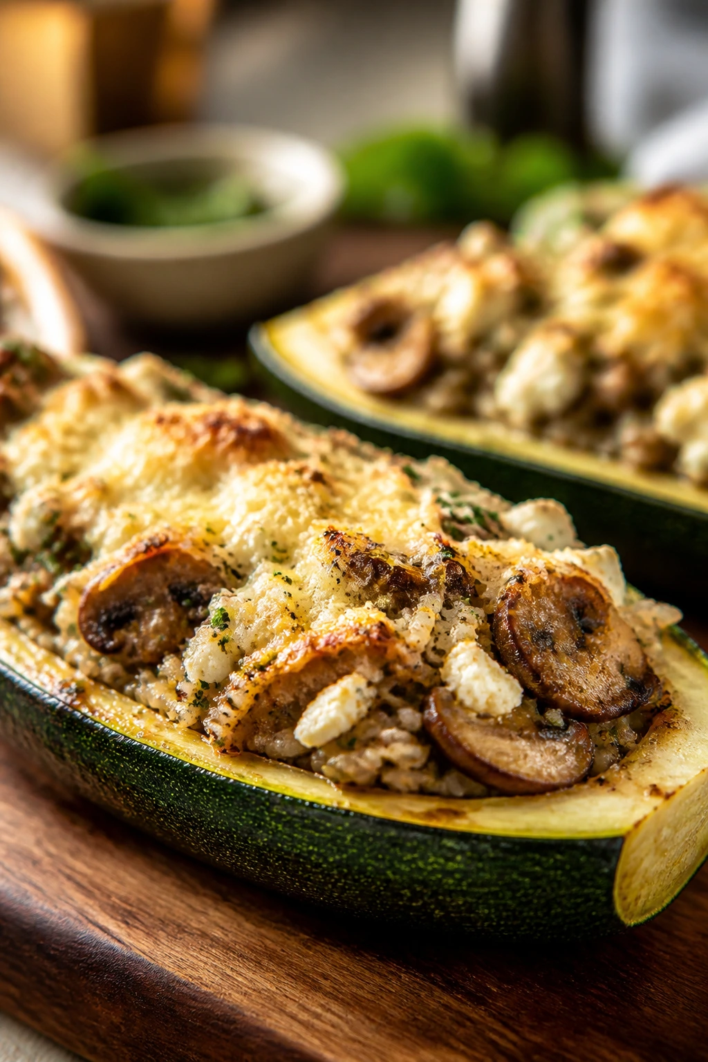 Halved zucchini boat stuffed with mushroom and rice filling topped with cheese