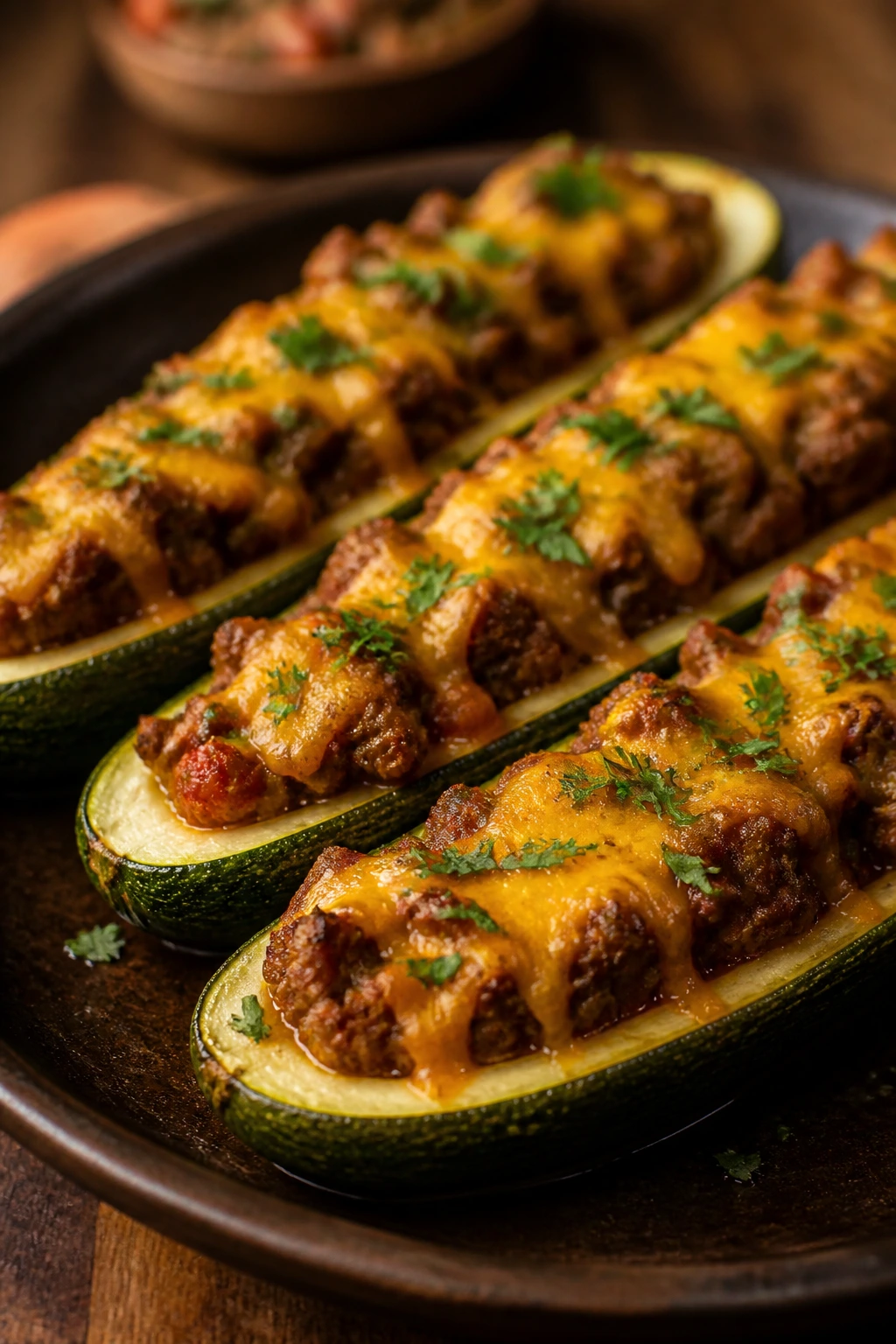 Close-up of taco stuffed zucchini boats on a rustic plate