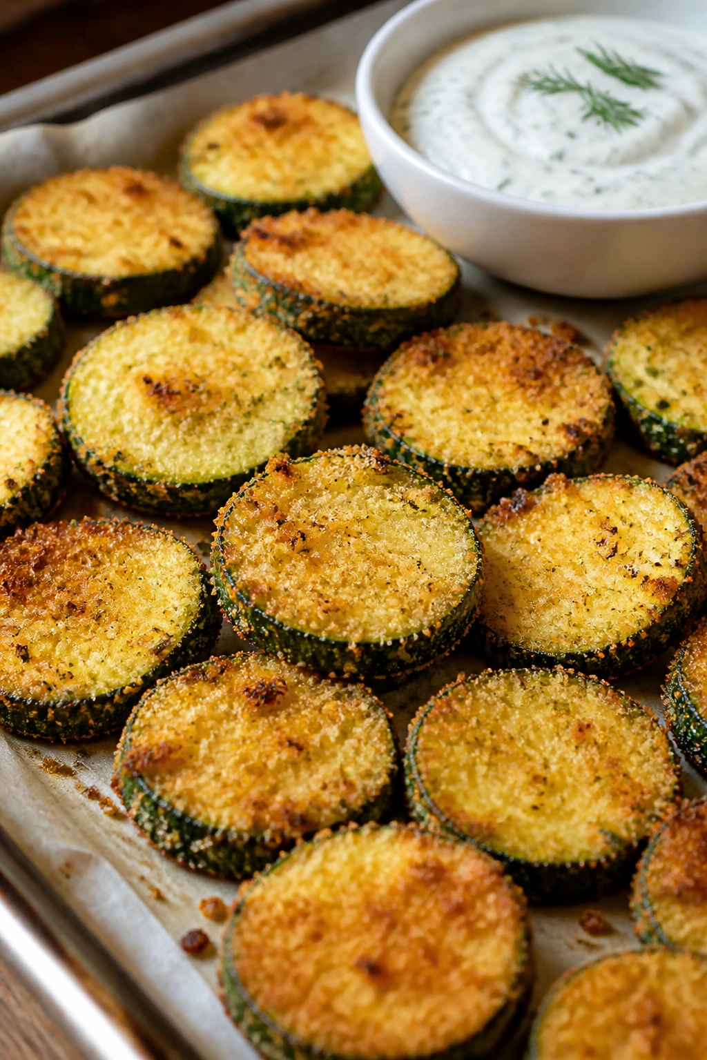 Close-up of crispy zucchini coins with yogurt dip