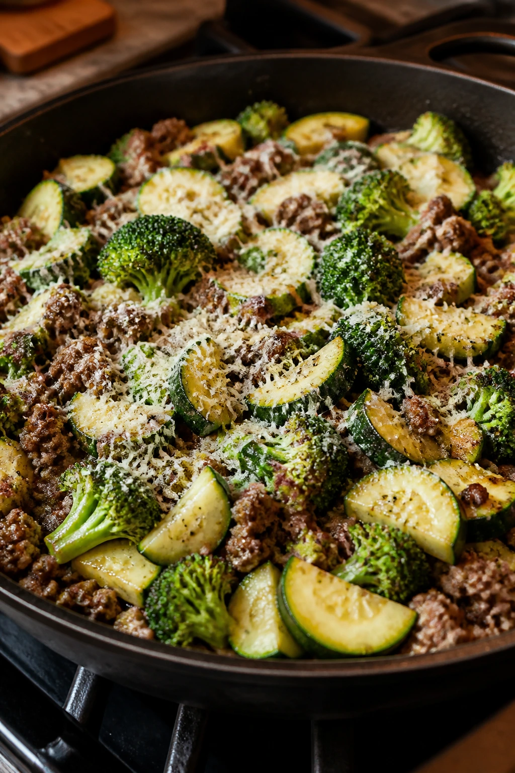 Close-up of zucchini hamburger broccoli skillet with parmesan in a warm kitchen