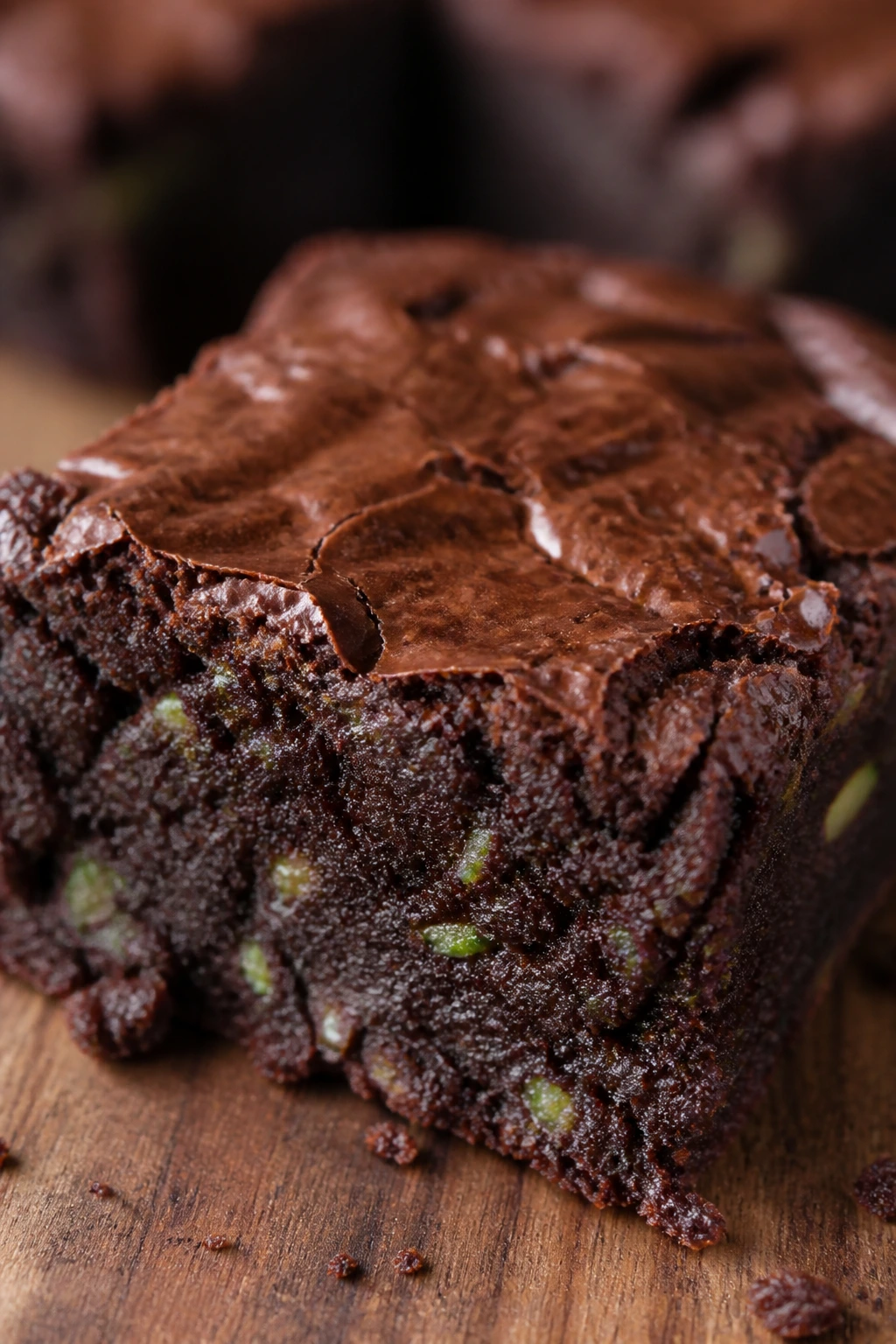 Close-up of a zucchini chocolate brownie showing faint green specks