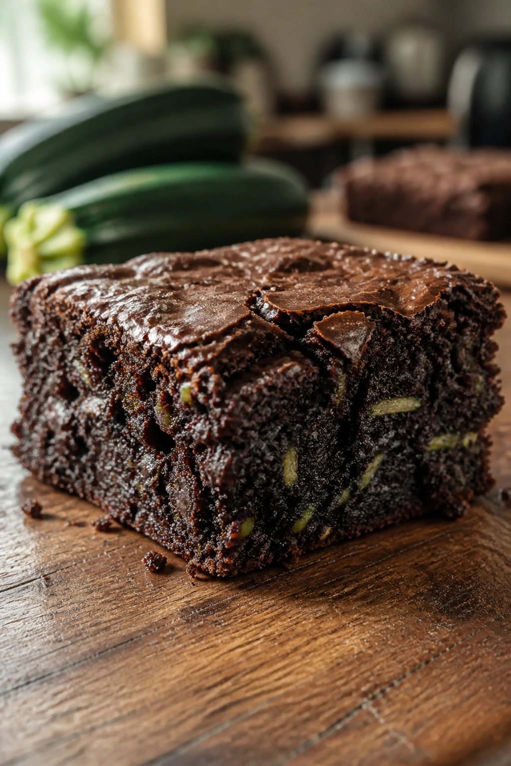 Close-up of fudgy zucchini fudge brownie with subtle green specks