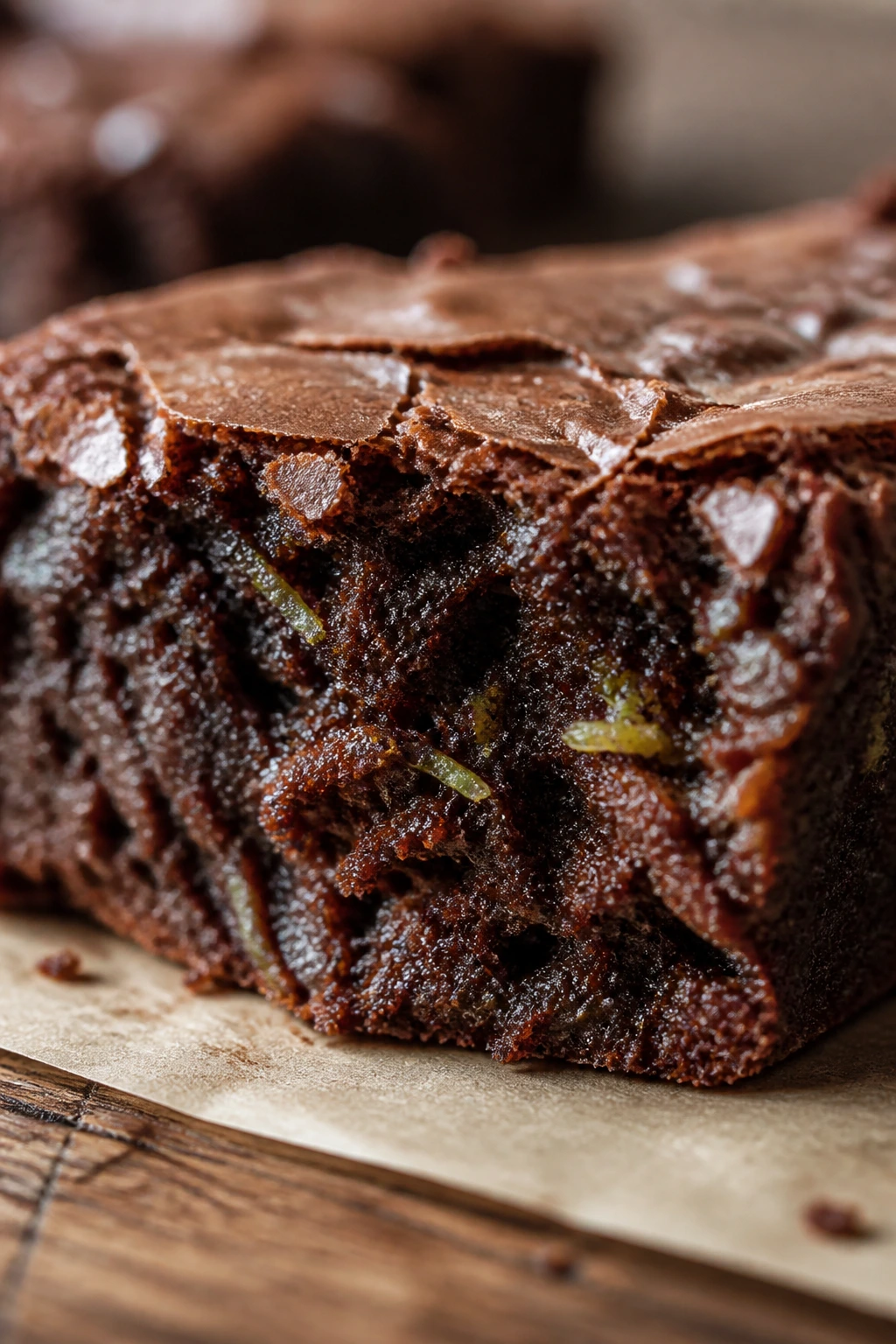 Close-up of fudgy zucchini brownie square with zucchini specks on parchment