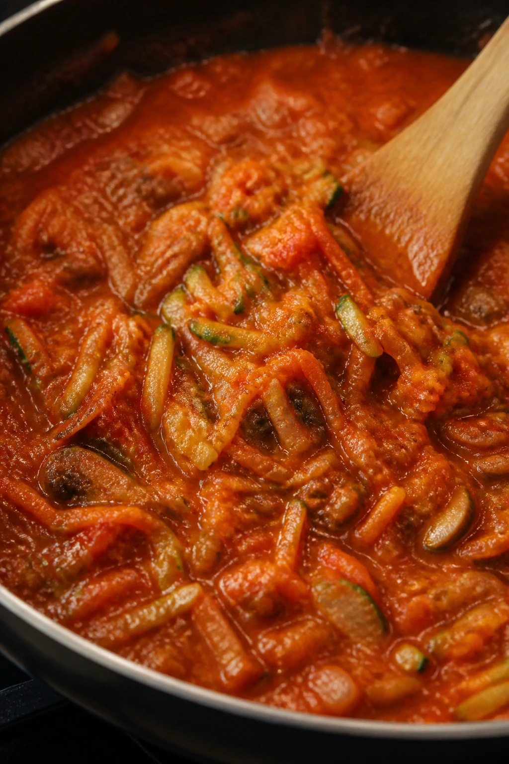 Pan of tomato sauce with zucchini and carrot blending in, mushrooms integrated