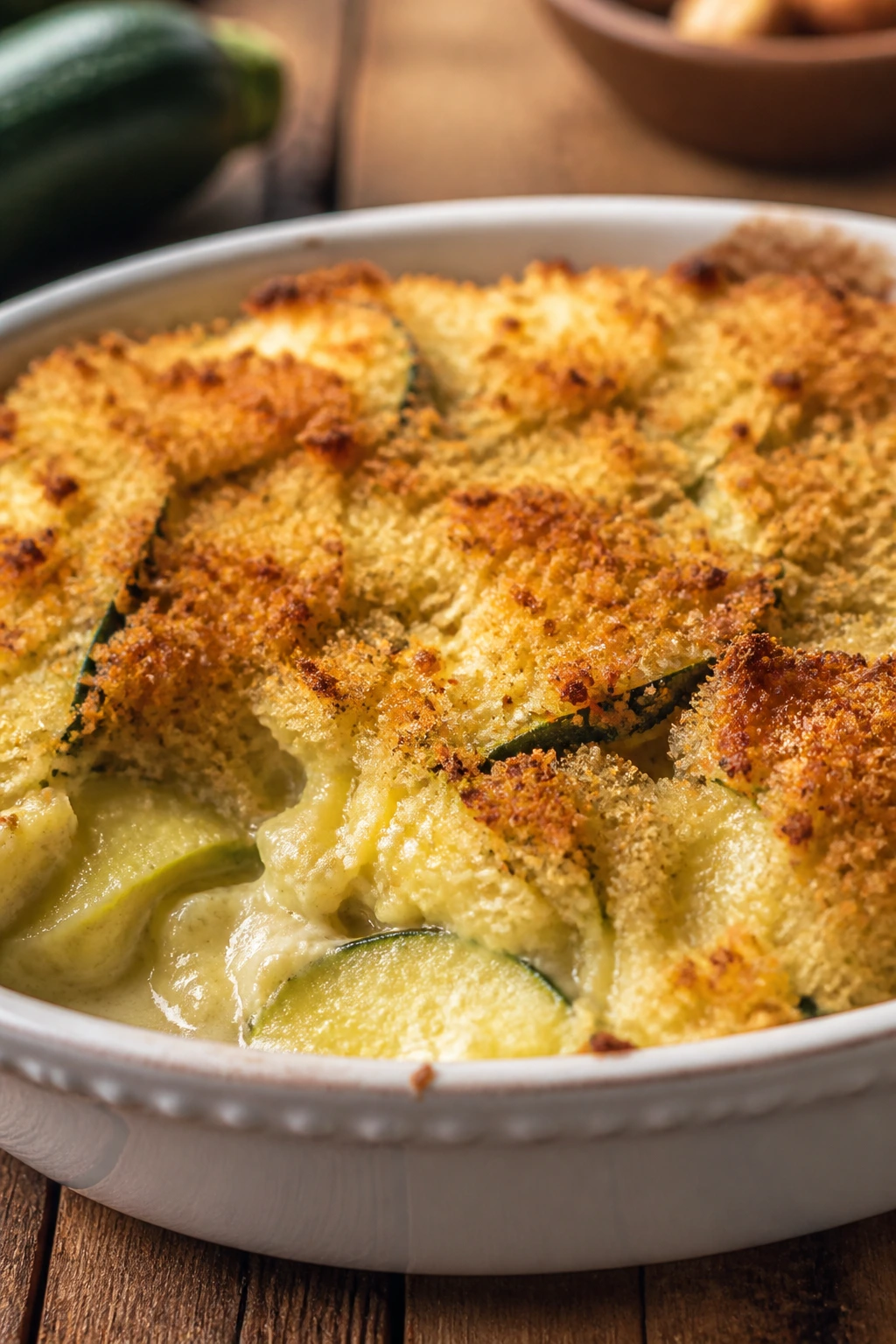 Creamy zucchini casserole with golden breadcrumb topping in a baking dish