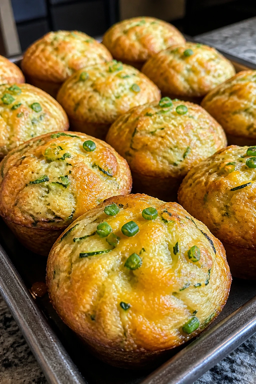 Savory zucchini cheddar muffins with scallions on a baking sheet