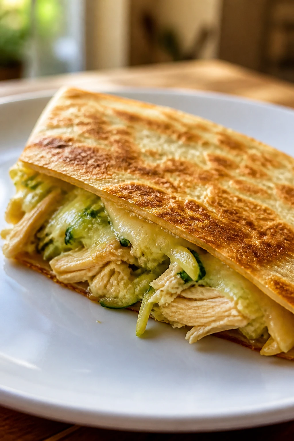 Close-up of zucchini chicken quesadilla wedge on plate