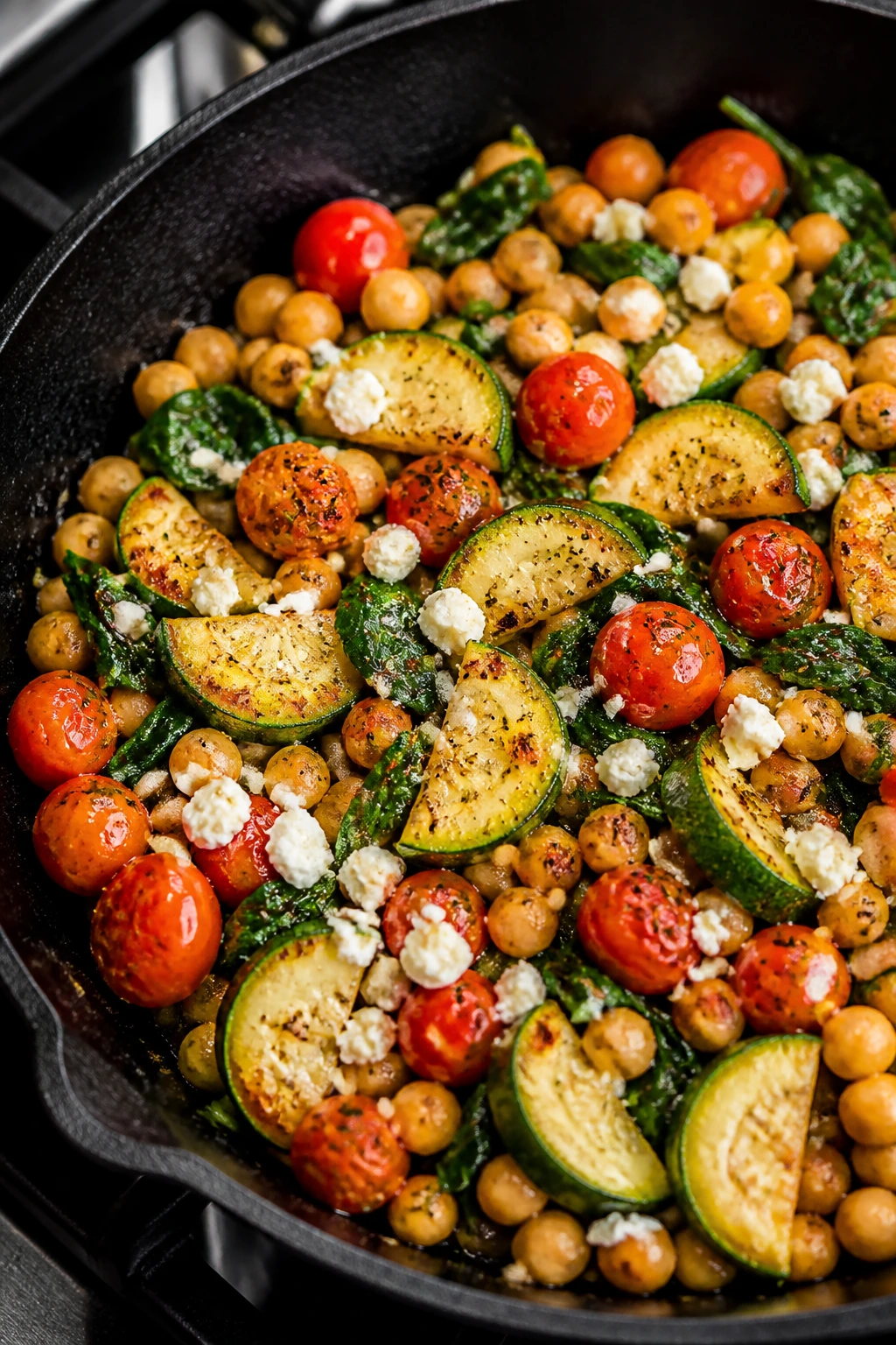 Close-up of zucchini chickpea skillet with feta