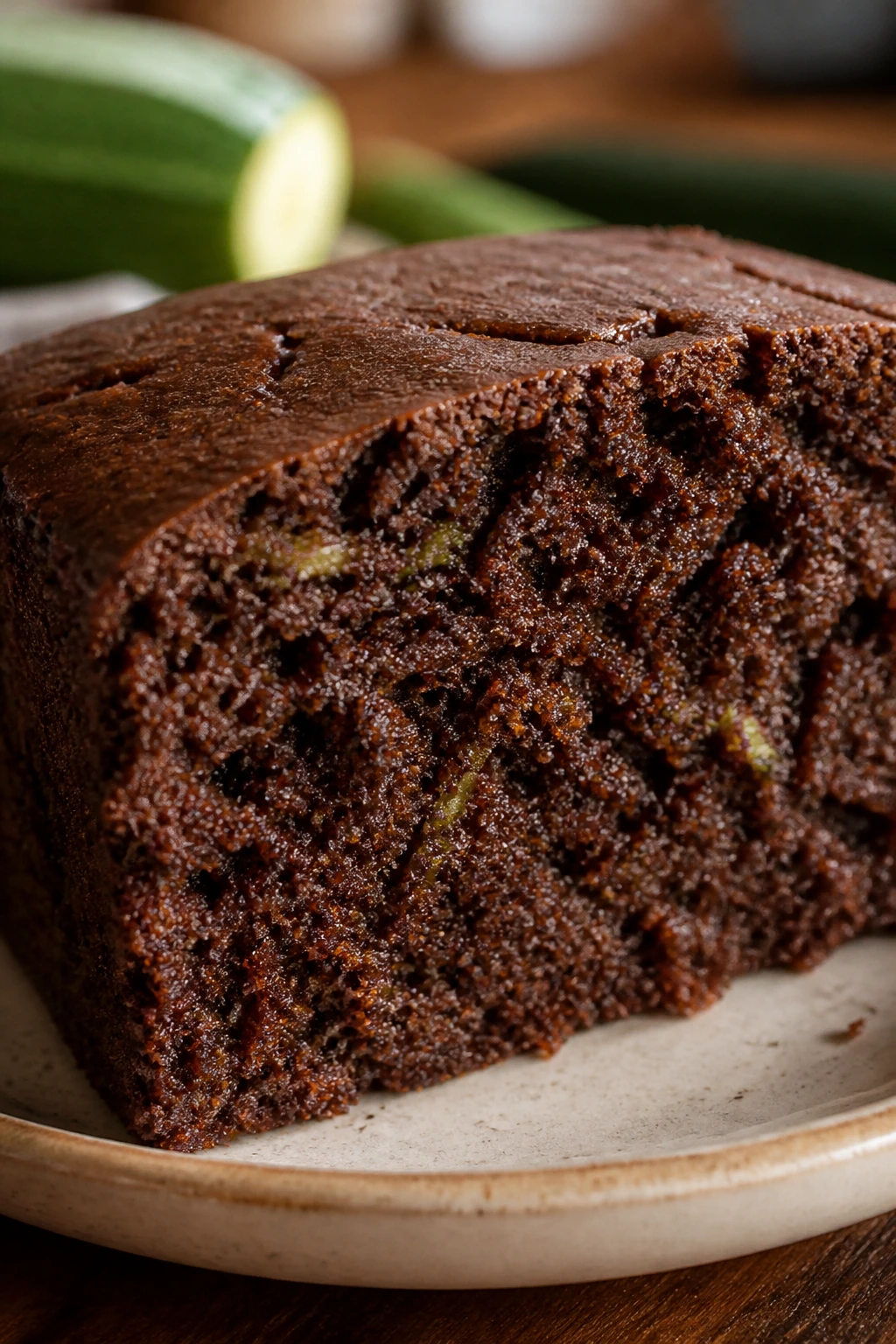 Close-up of zucchini chocolate snack cake slice with green flecks