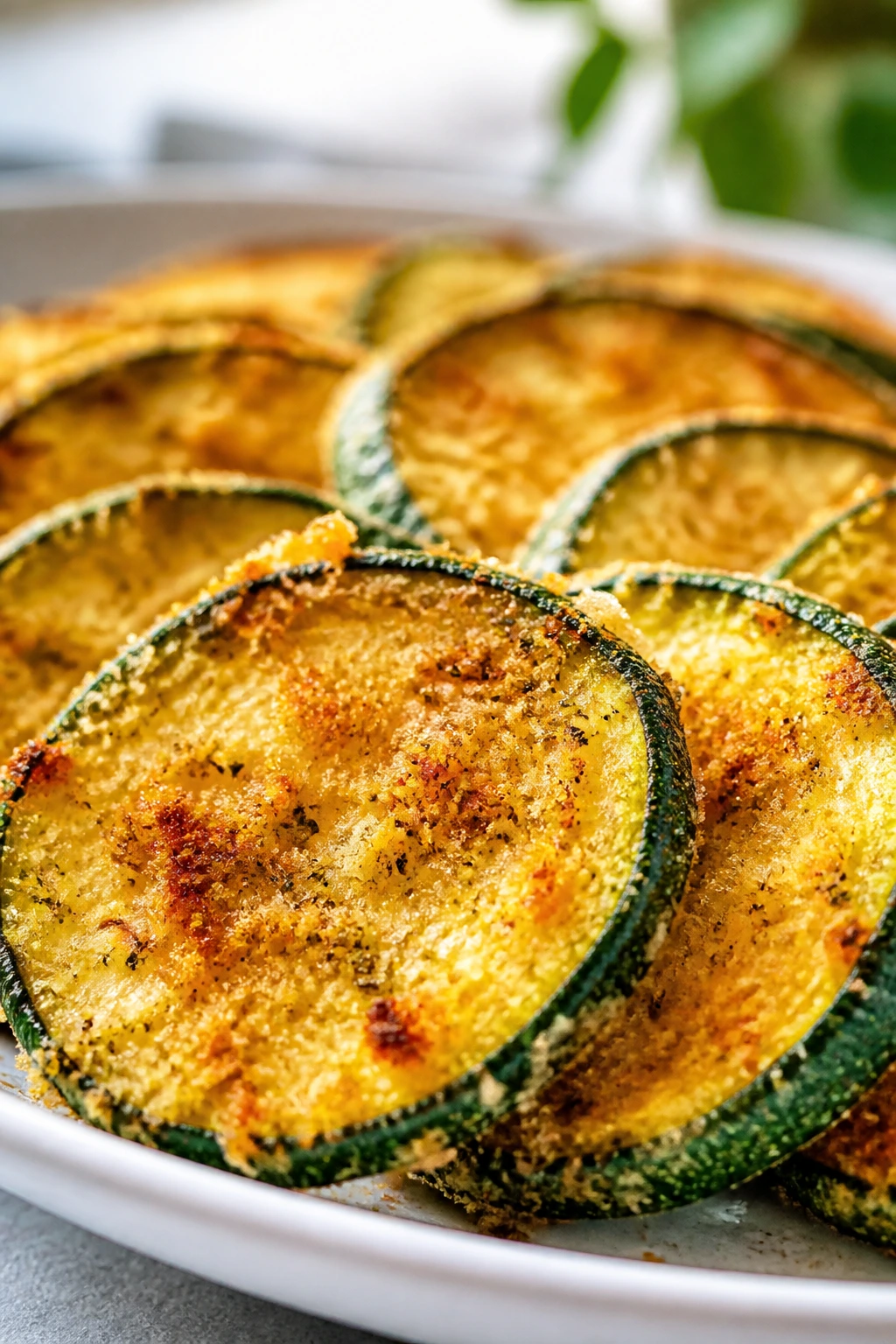 Close-up of crispy zucchini coins on a plate