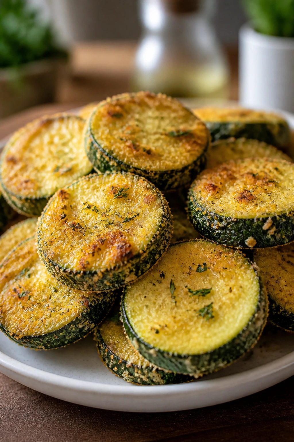Close-up of herbed zucchini coins with breadcrumb crust.
