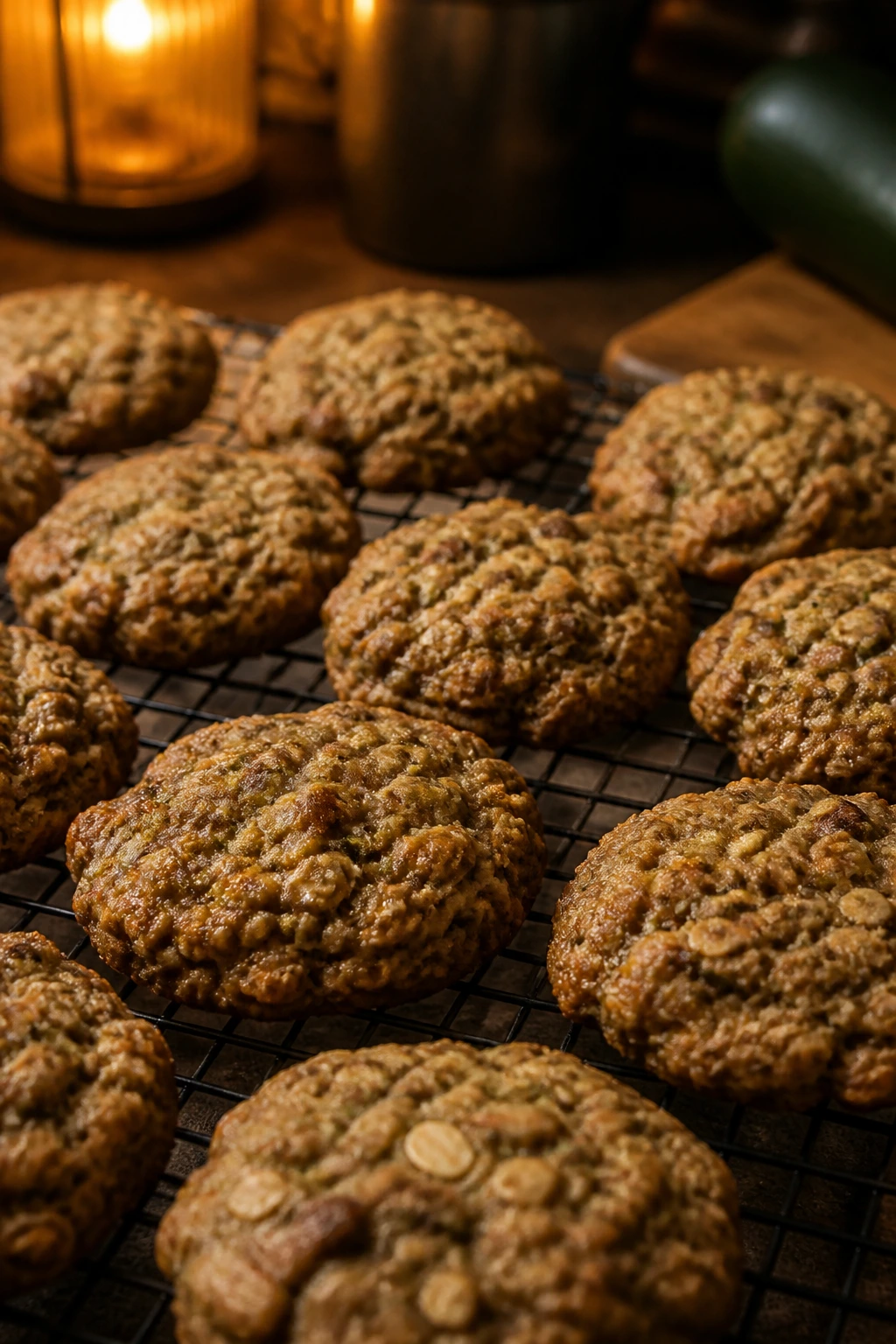 Tray of zucchini oatmeal cookies cooling on a rack in a cozy kitchen at night