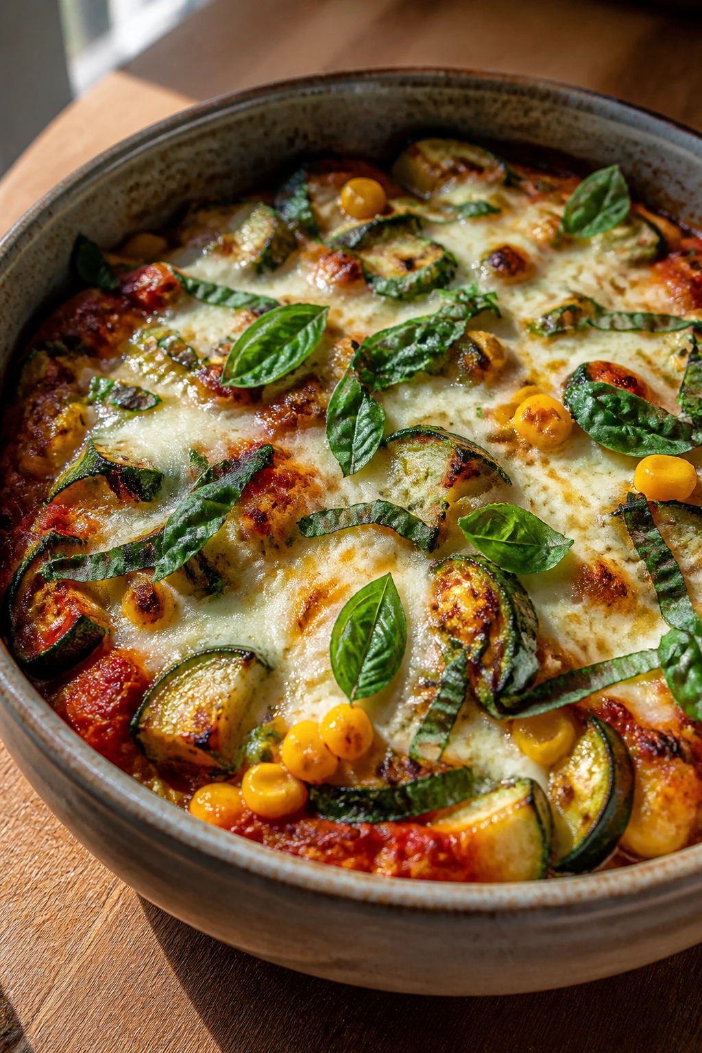Close-up of Zucchini Corn Basil Pizza Bowl on wooden counter