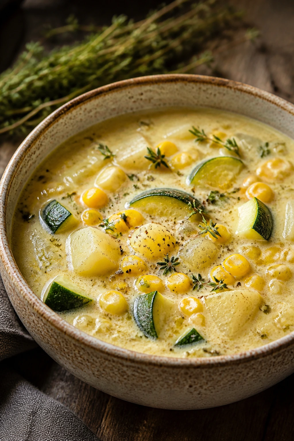 Creamy zucchini corn chowder with potatoes in a bowl