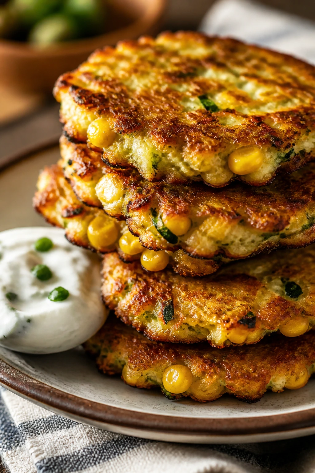 Stack of zucchini corn fritters with yogurt dip