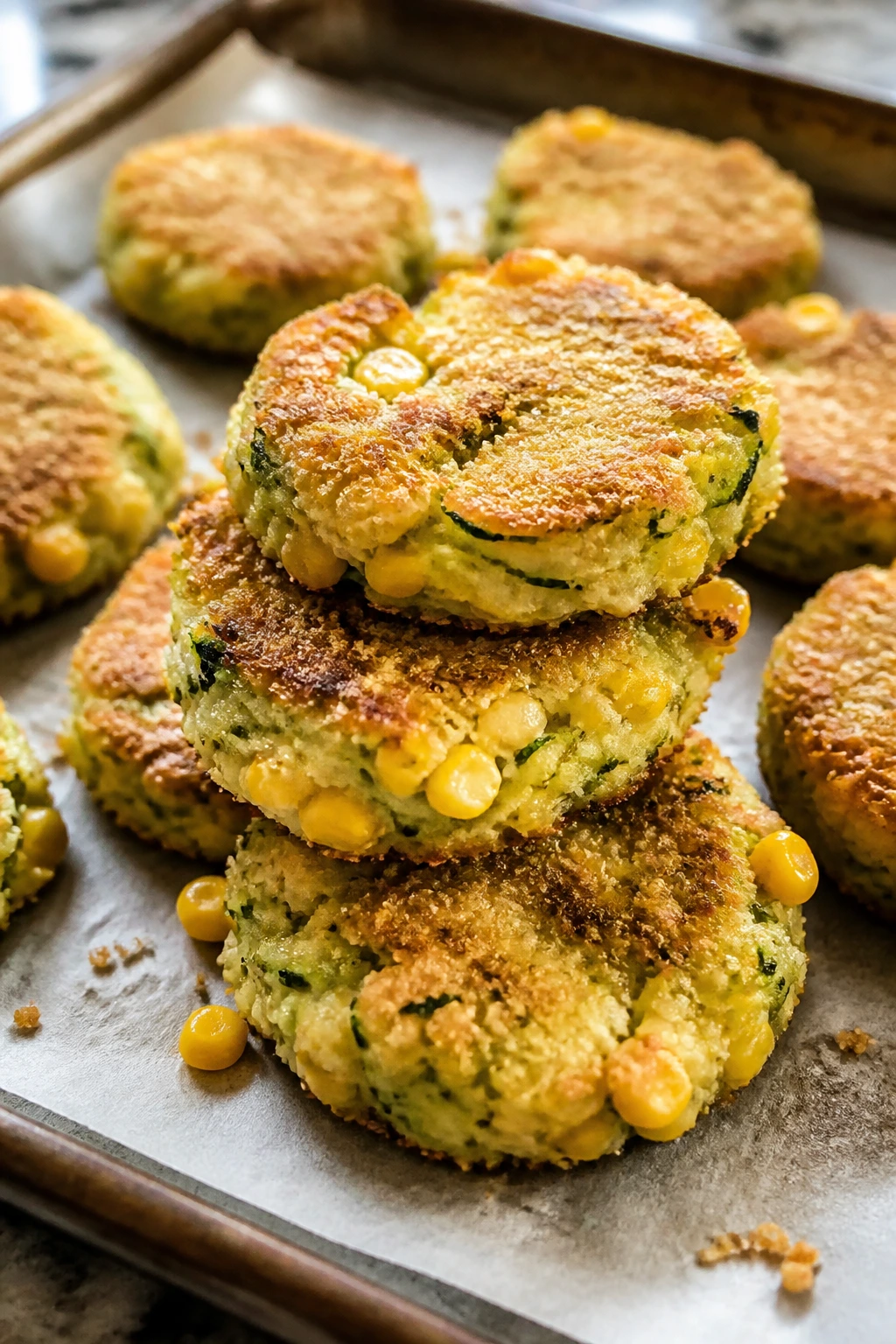 Bright green zucchini corn veggie nuggets on parchment