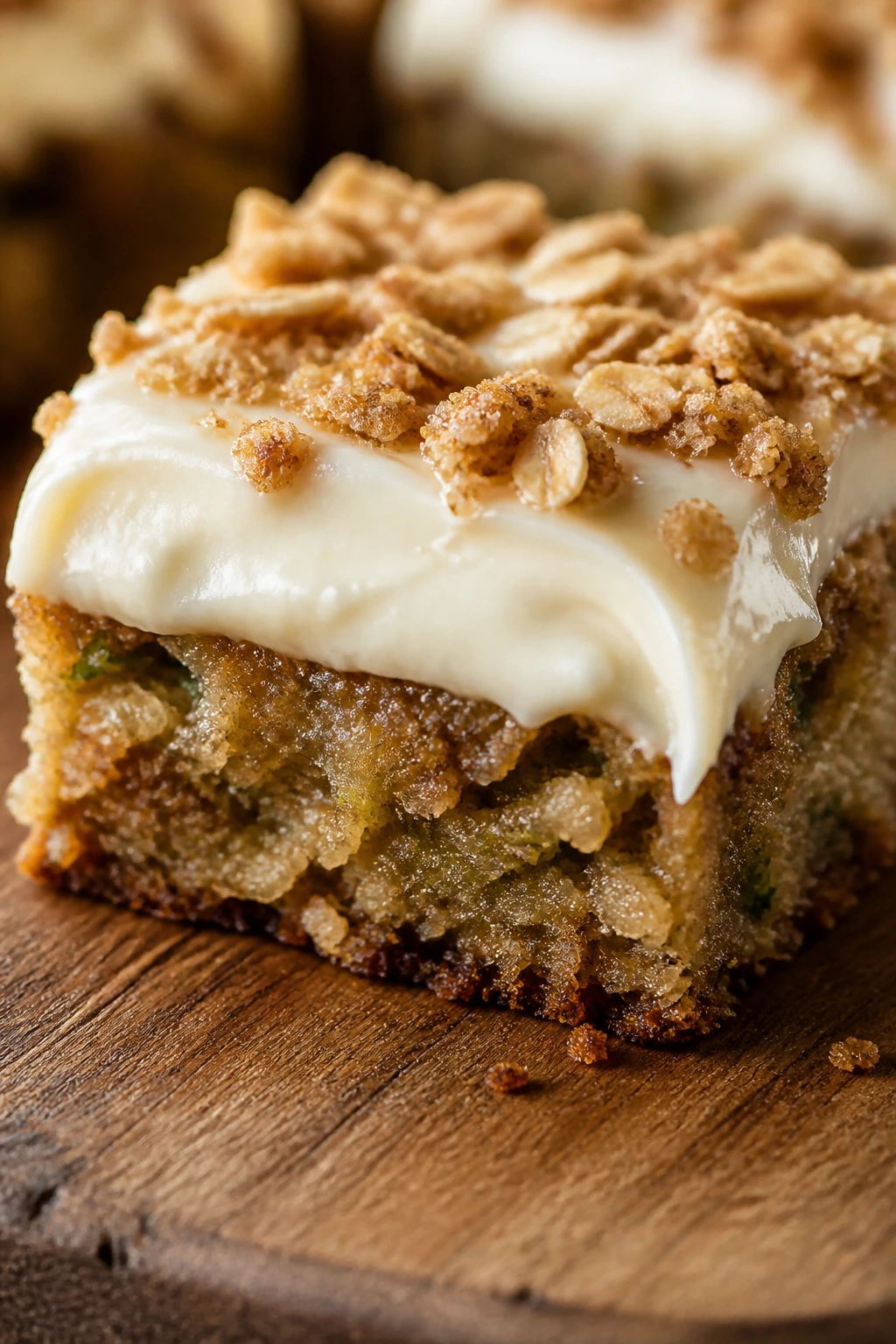 Close-up of a zucchini crisp bar with oat crumble and cream cheese frosting on a wooden board