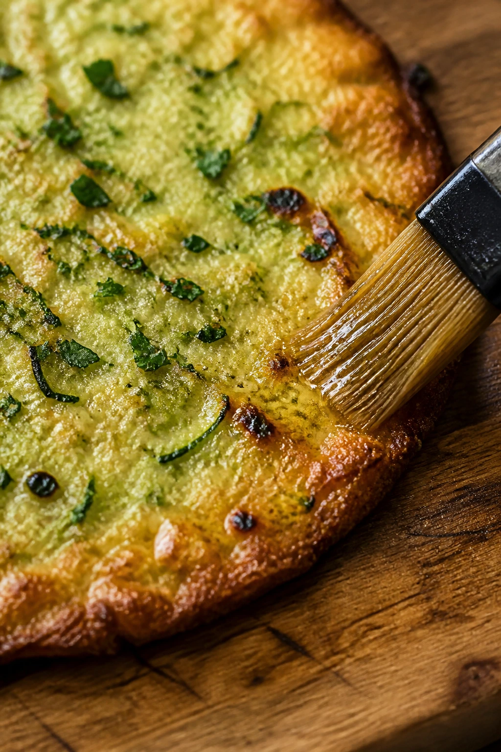 Close-up of zucchini crust edge brushed with garlic oil on a wooden board