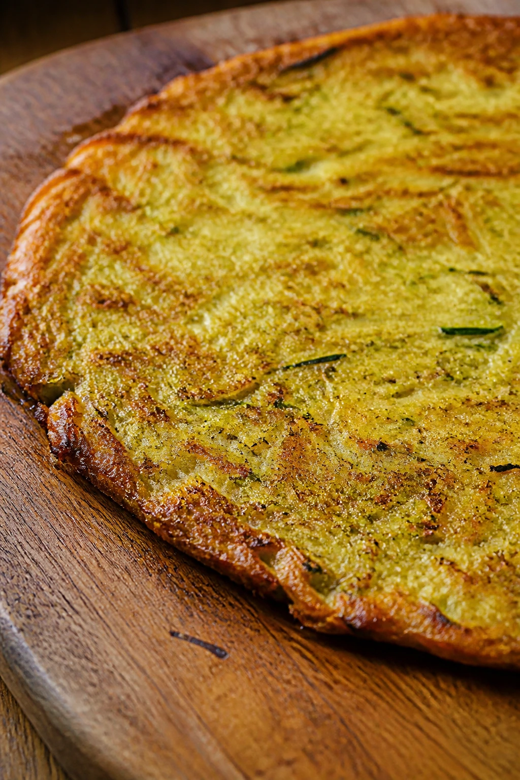 Close-up of a golden-brown zucchini pizza crust on a wooden board