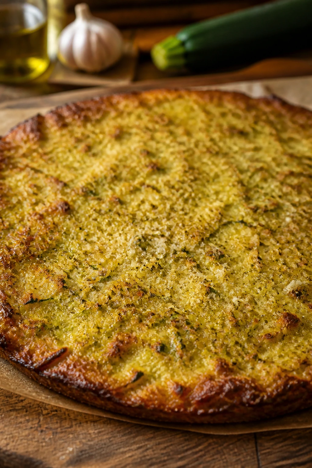 Close-up of a golden garlic zucchini pizza crust filling the frame in a warm kitchen