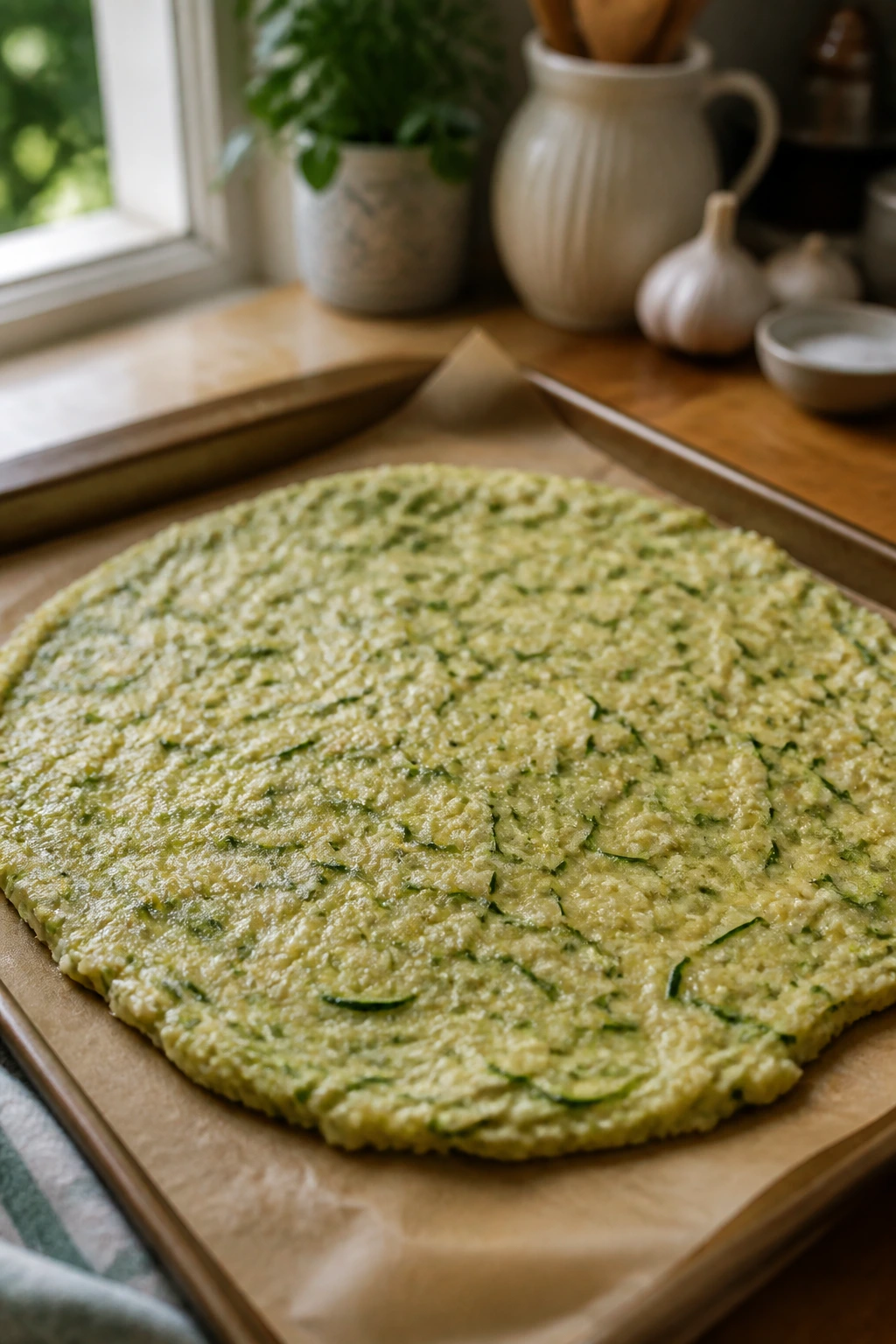 Round zucchini crust ready to bake on parchment-lined sheet pan