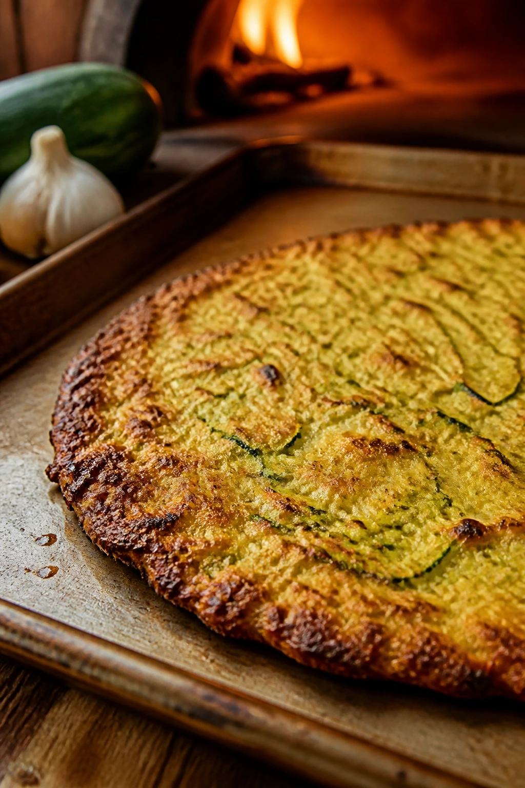 Golden zucchini crust fresh from the oven on a baking sheet