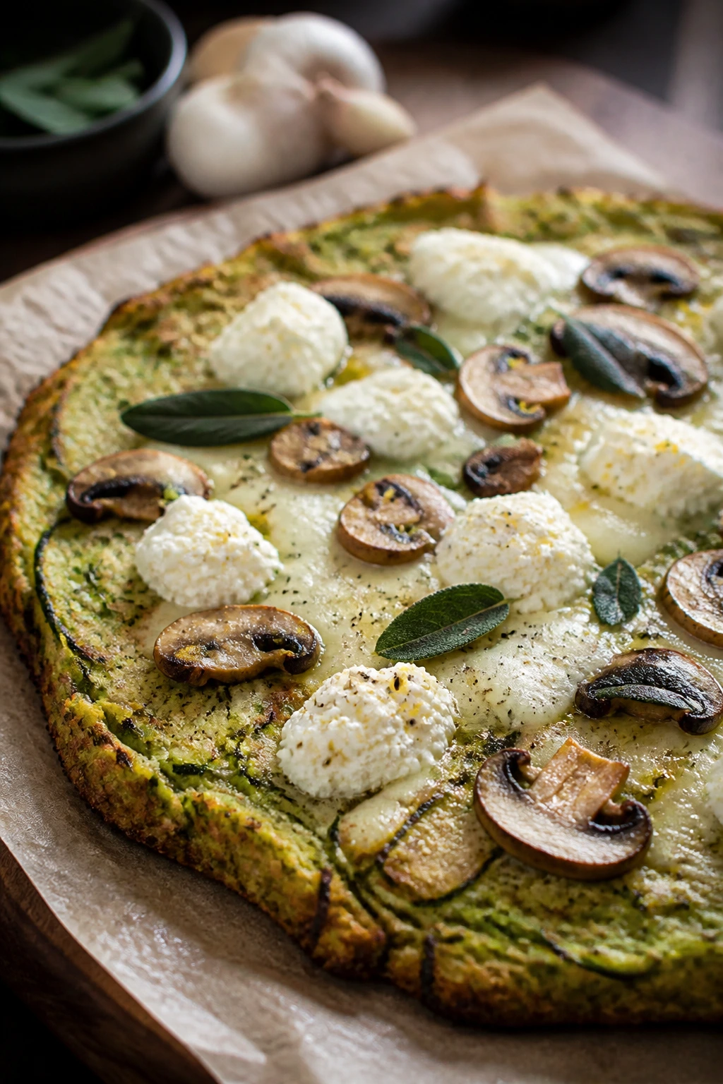 Zucchini crust topped with ricotta, mozzarella, sage and mushrooms