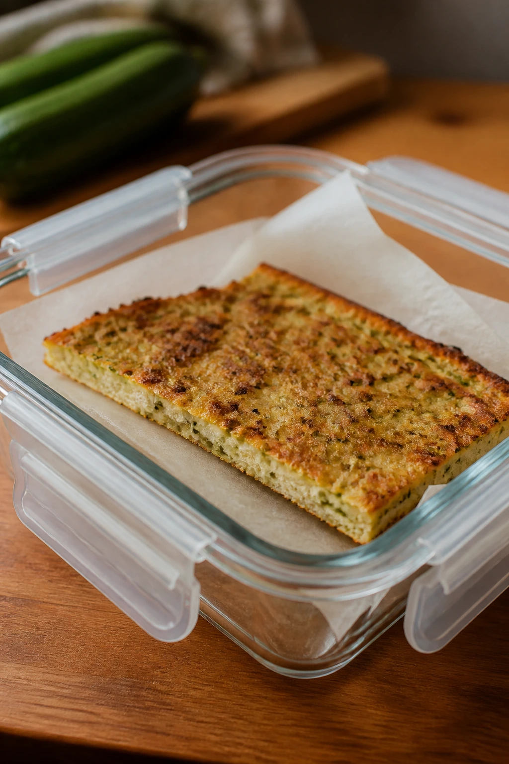 Zucchini crust slice stored in an airtight container