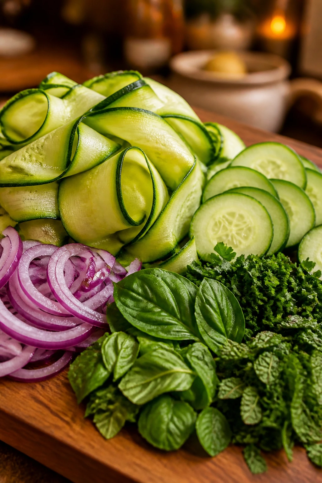 Close-up of zucchini ribbons with accompanying ingredients on a board