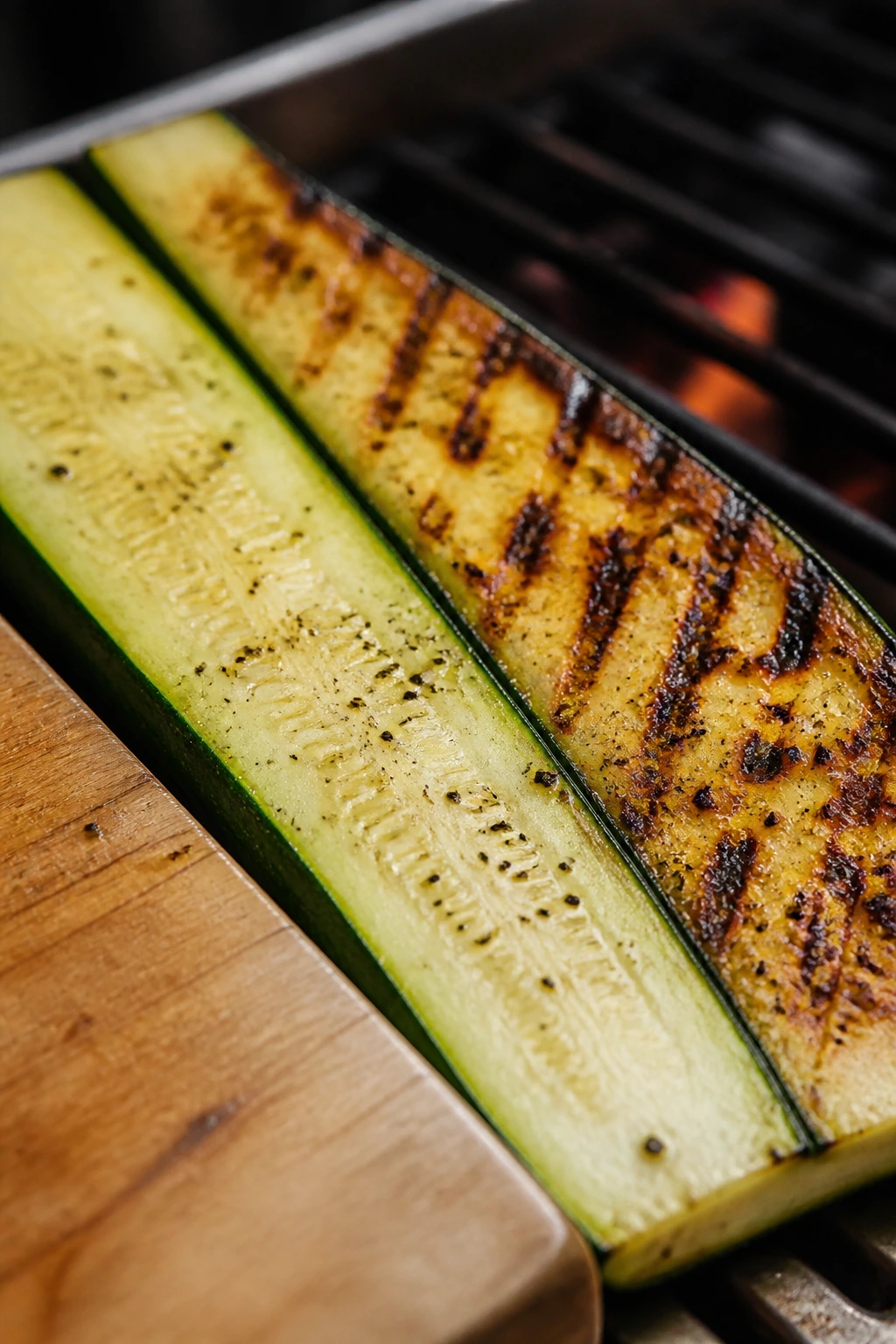 Zucchini plank transitioning from cutting board to grill marks