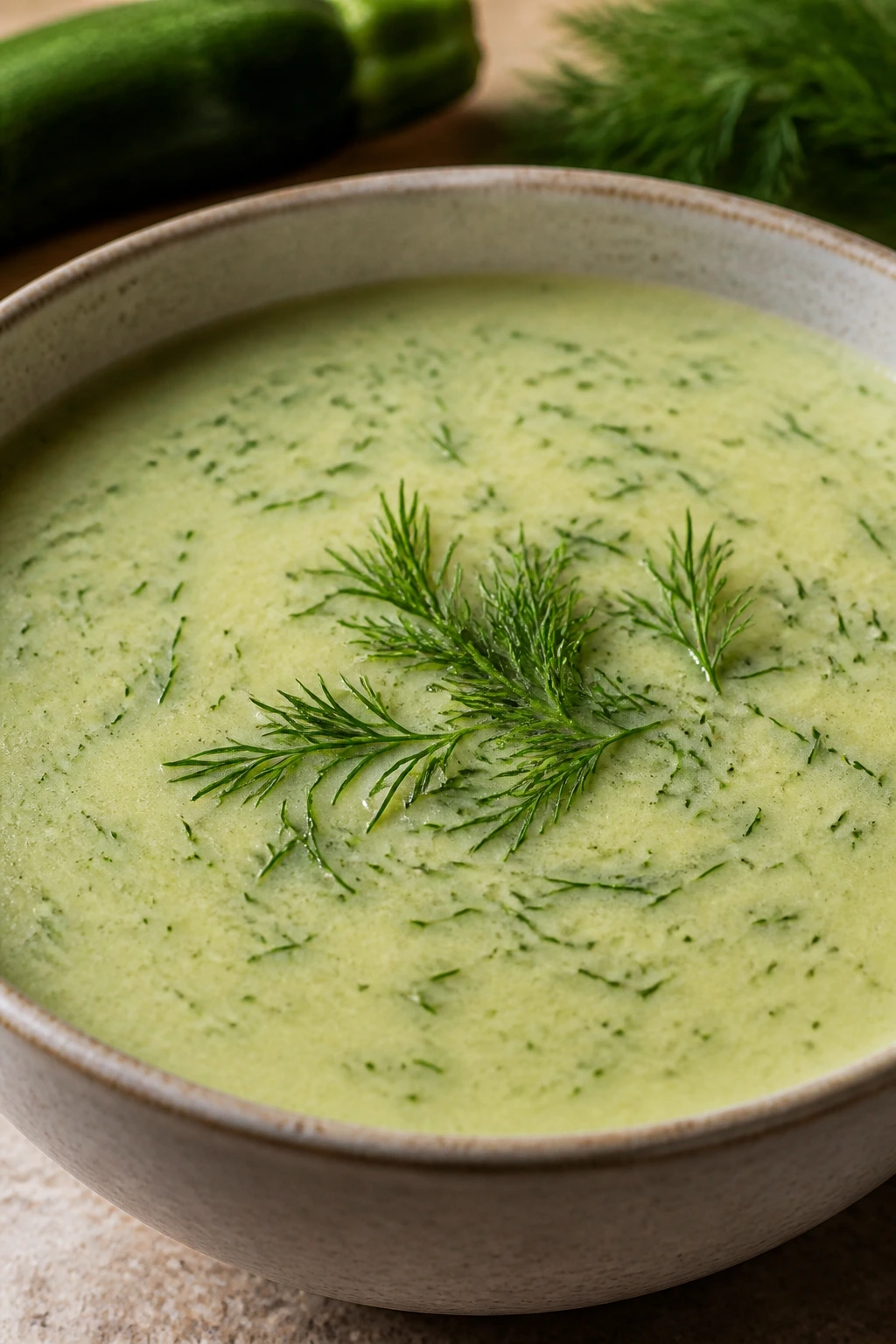 Pale-green zucchini dill soup in a bowl with dill garnish