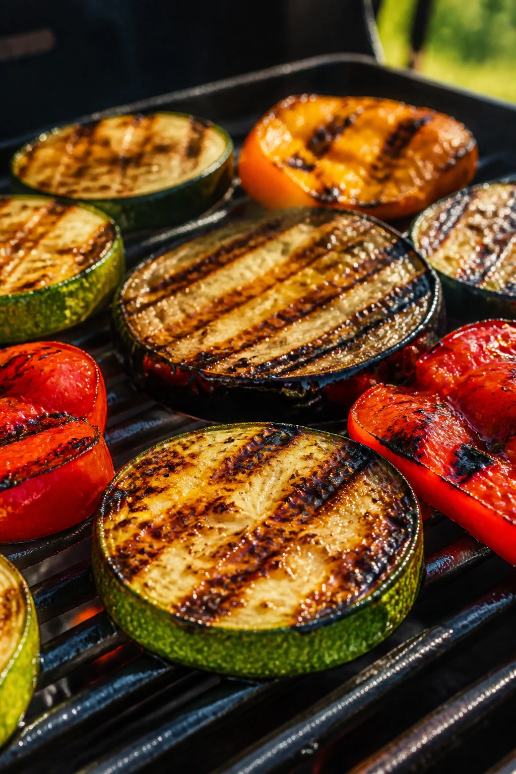 Thick vegetables with bold grill marks on a hot grill.