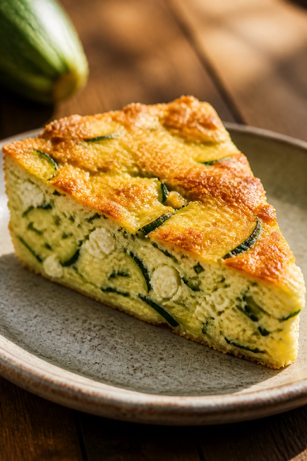 Slice of zucchini feta frittata on plate