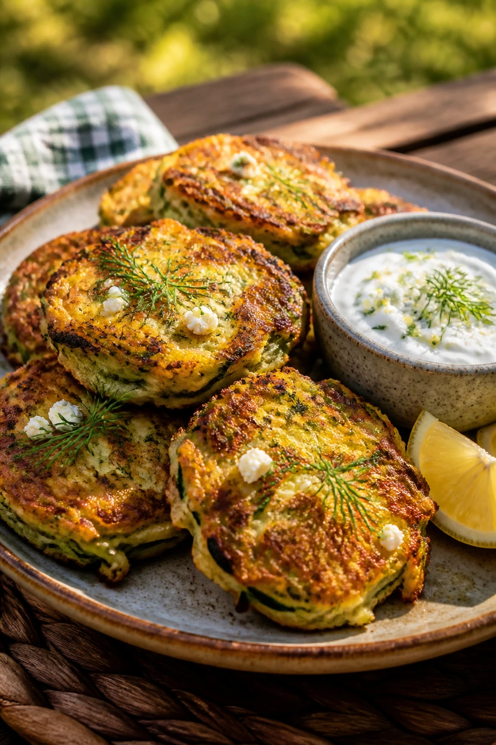 Crisp zucchini feta fritters with yogurt dip on a rustic plate outdoors