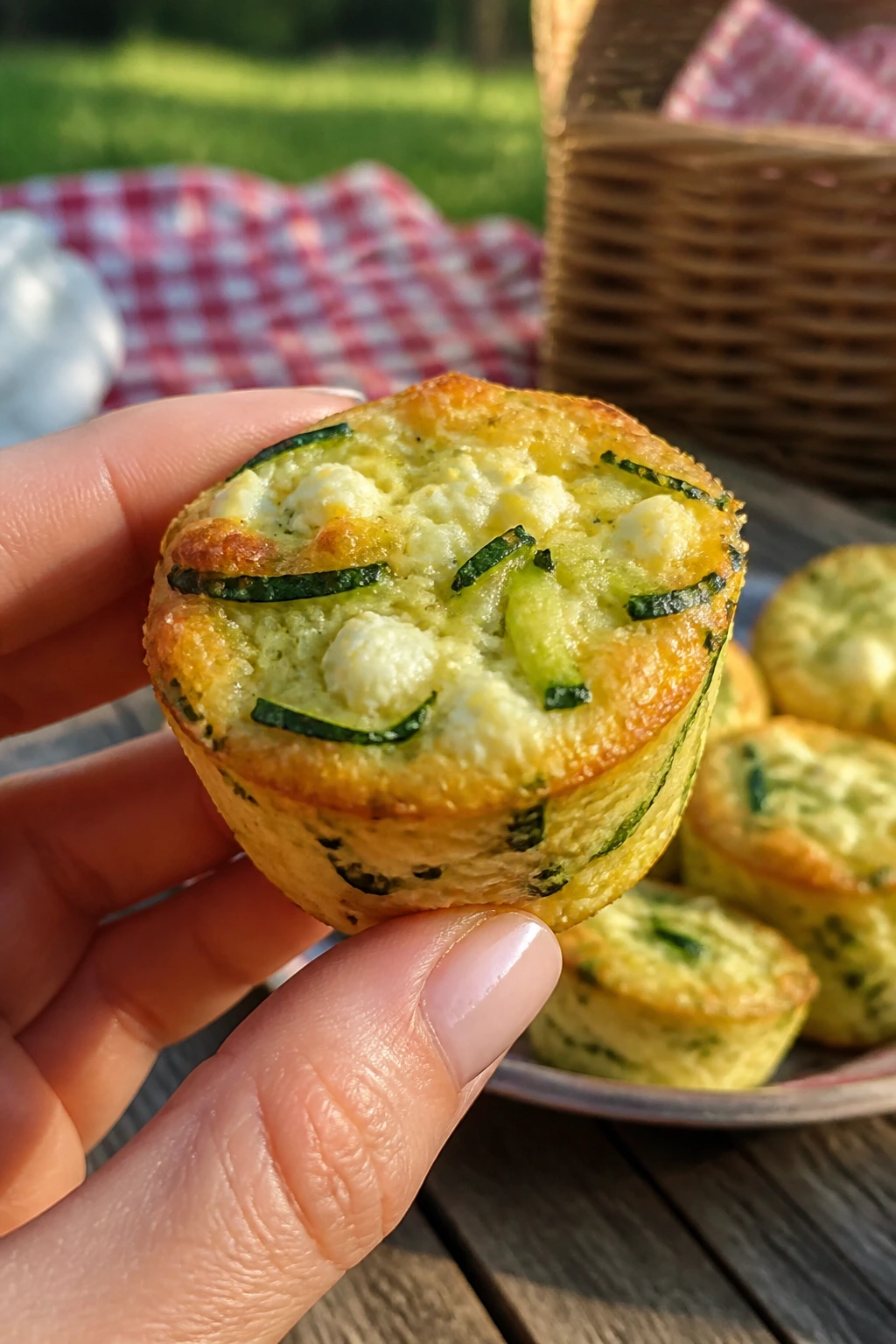 Close-up of zucchini feta frittata muffin held in hand at a park picnic