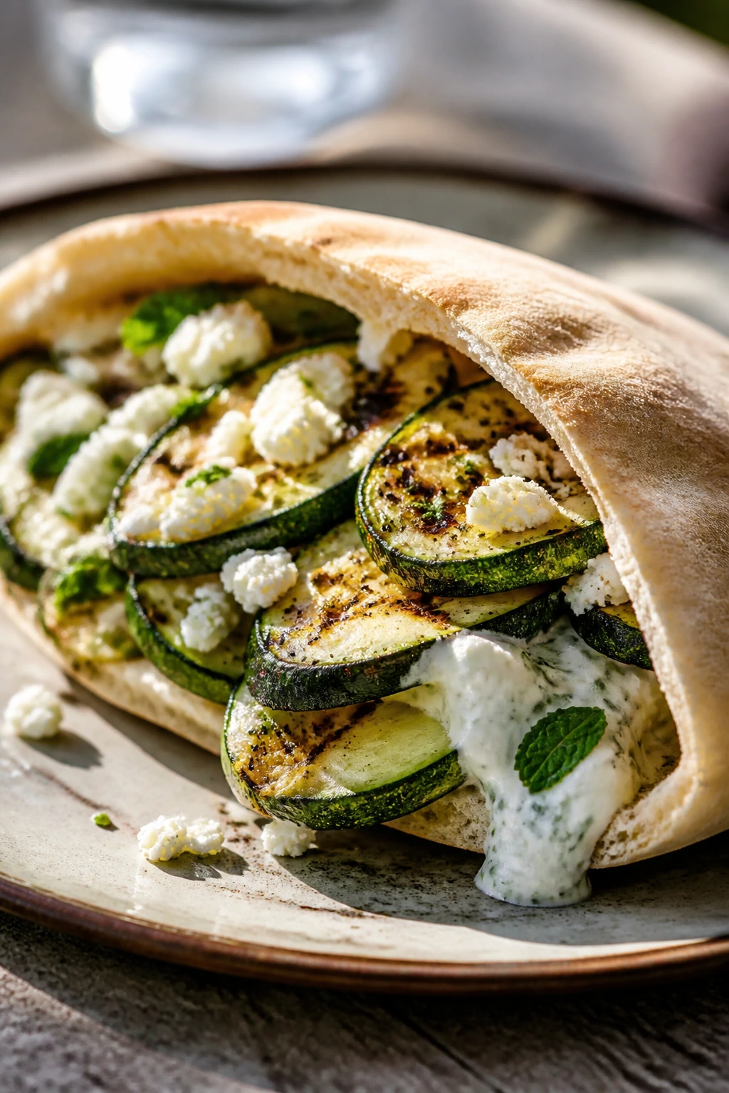 Cross-section of zucchini and feta stuffed pita on rustic plate outdoors