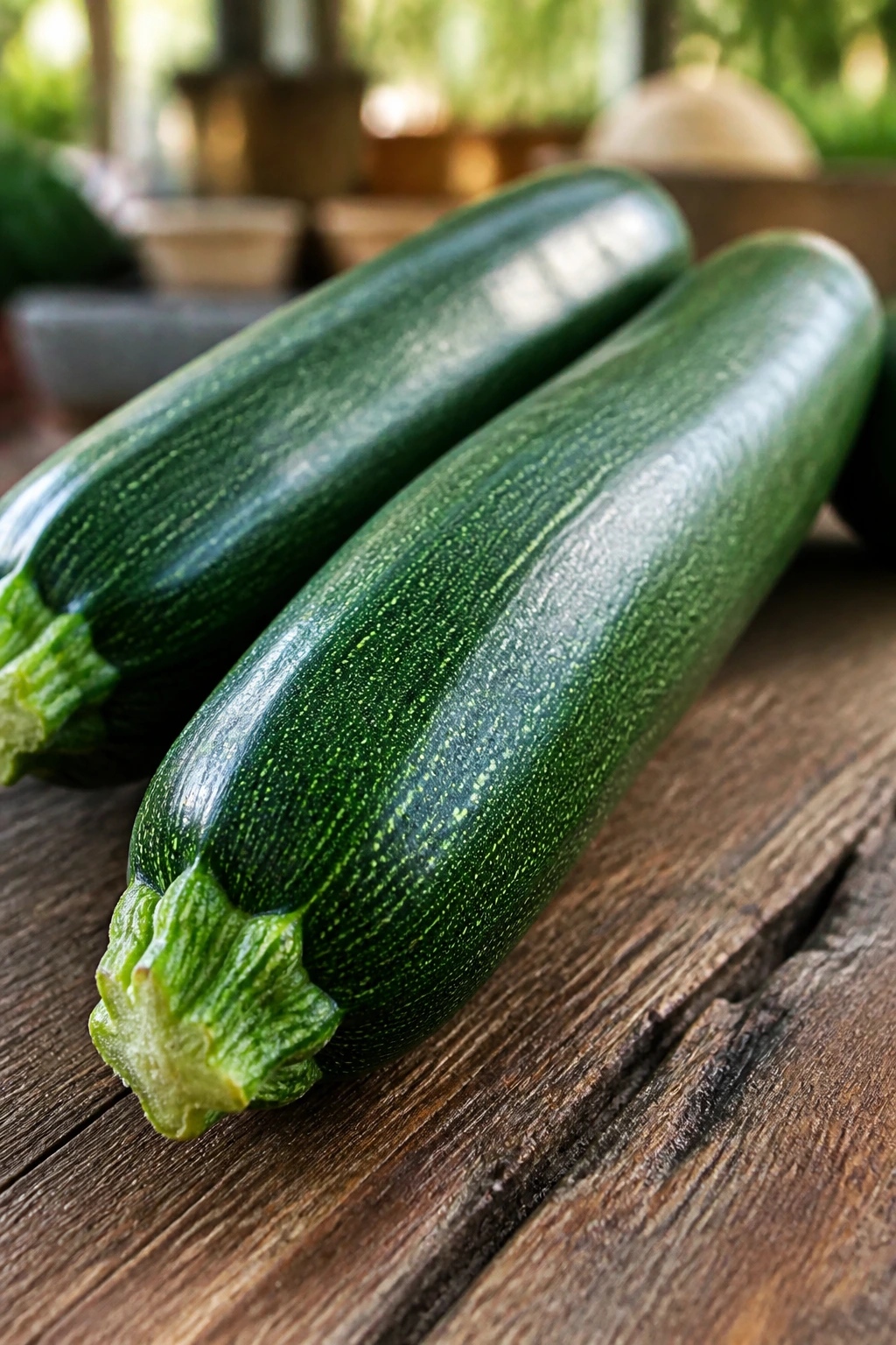 Firm zucchini with fresh stem on wooden surface
