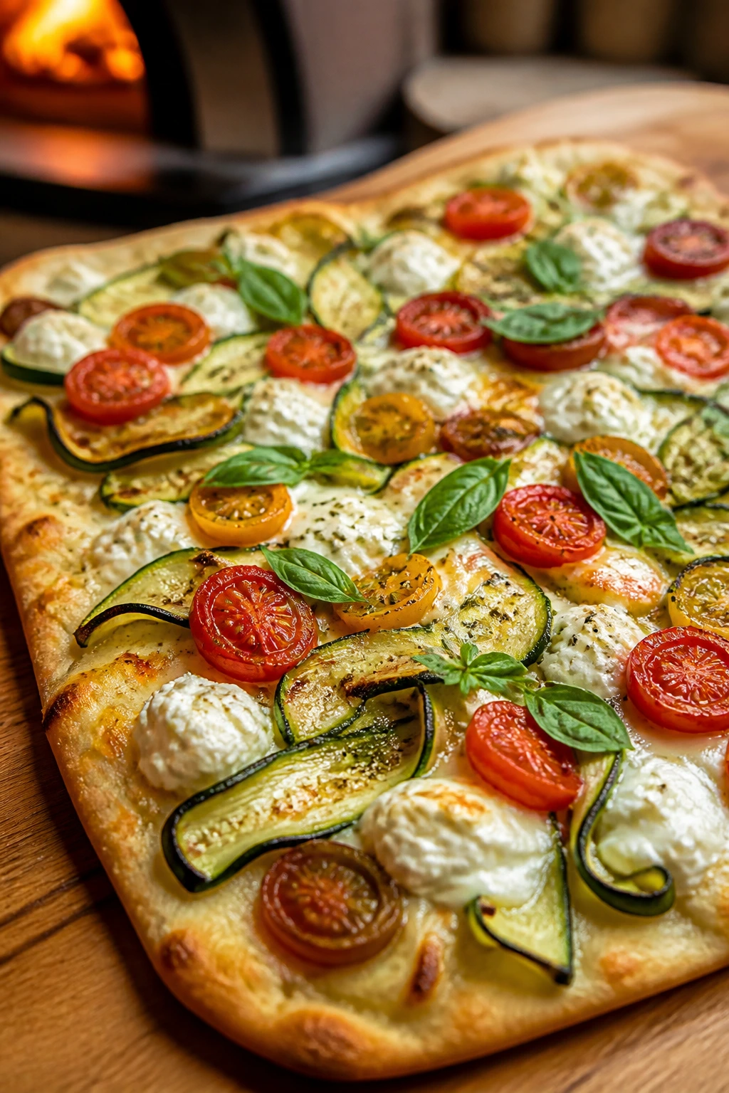 Flatbread topped with zucchini ribbons ricotta and tomatoes