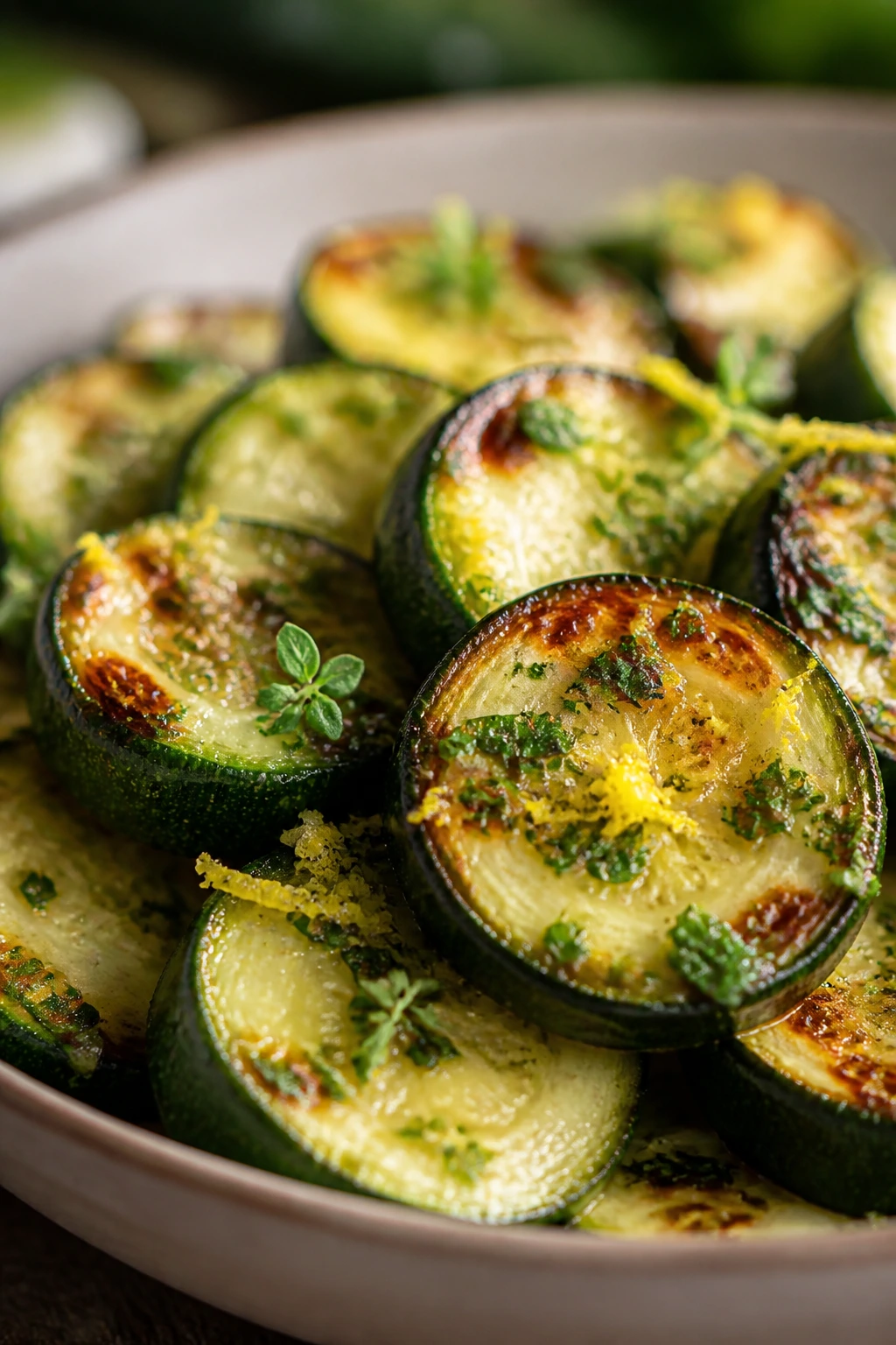 Zucchini dish with lemon zest and herbs under warm light