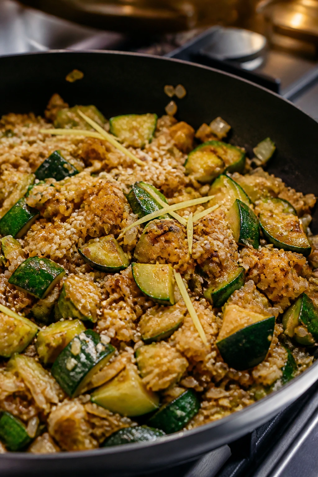 Fried rice with zucchini ginger sesame in a skillet