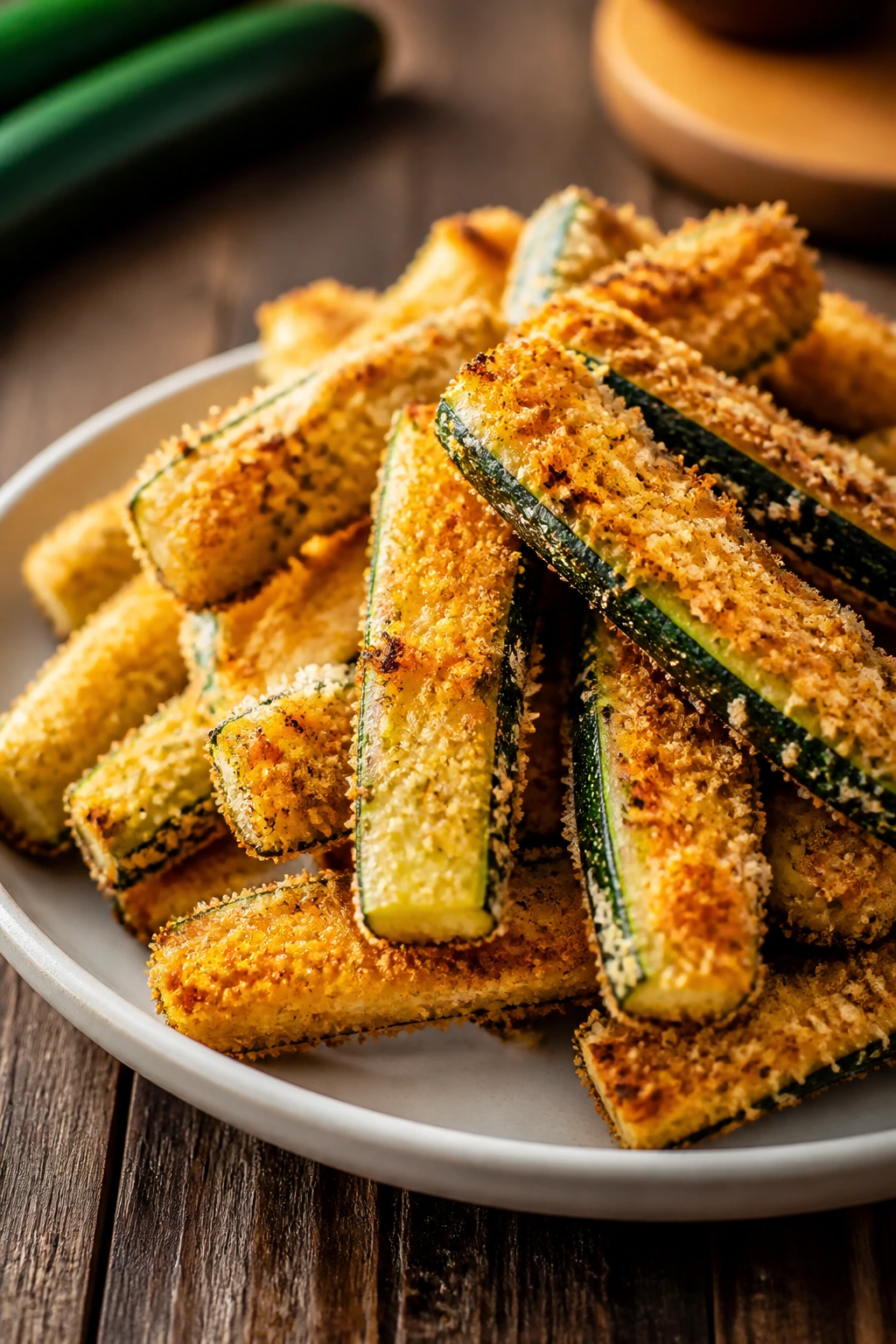 Close-up of crispy panko-coated zucchini fries on a plate