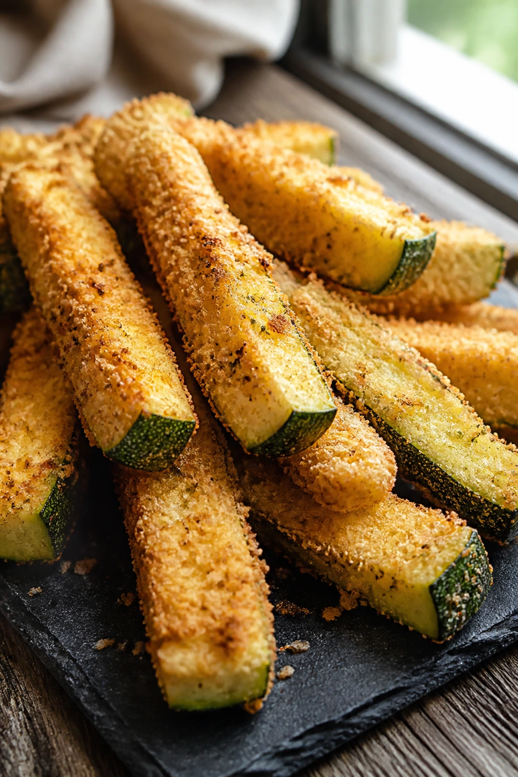 Zucchini fries with parmesan crust on slate board
