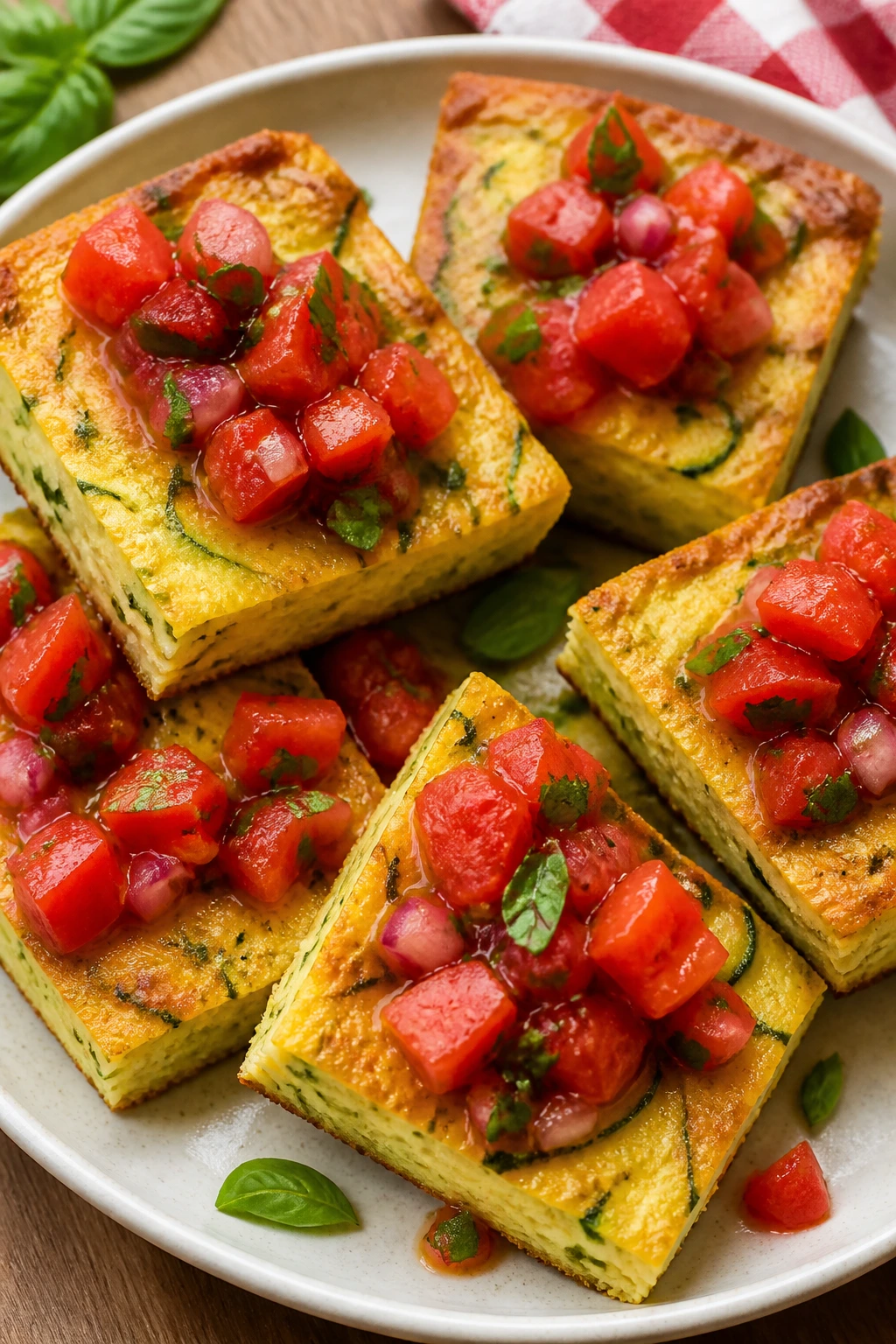 Zucchini frittata squares with tomato relish on a plate