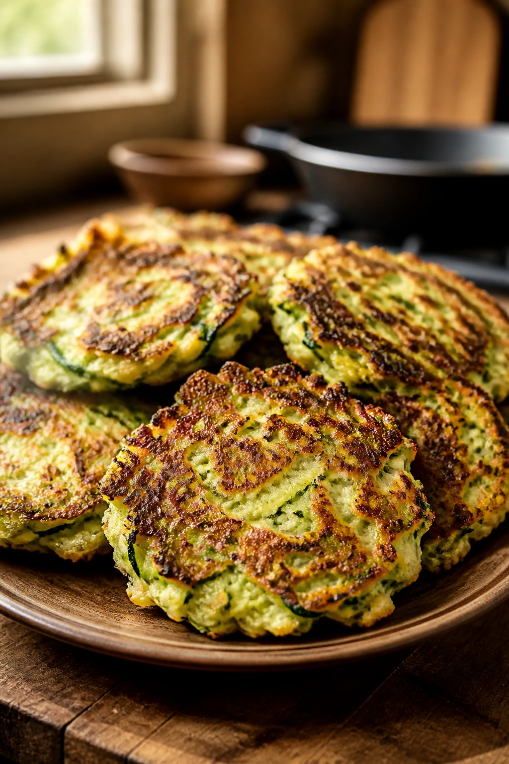 Close-up of crispy zucchini fritter with browned edges on a rustic plate in a sunlit kitchen